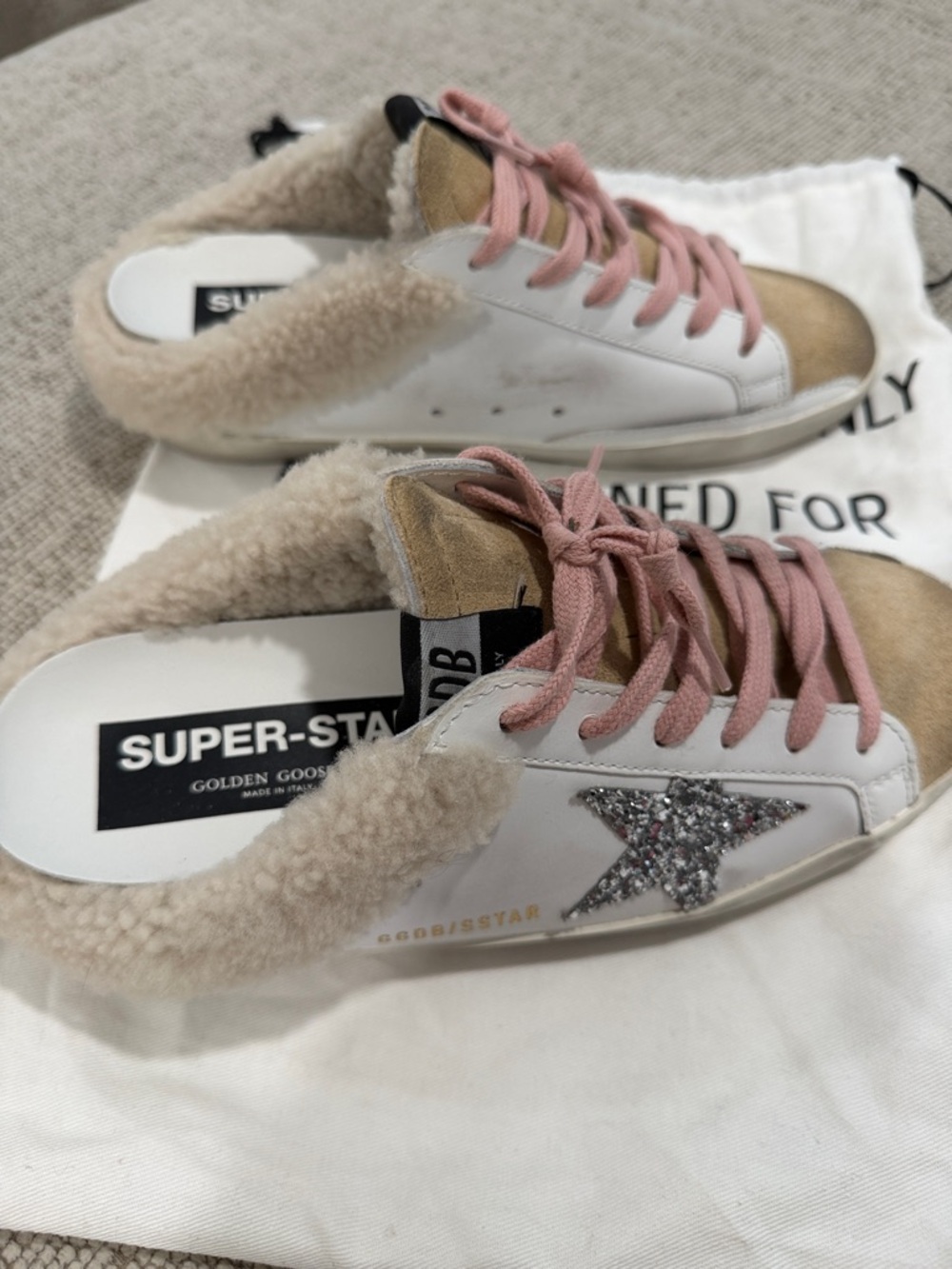 Golden Goose White Leather & Tan Suede Sneakers with Pink Laces - Picture 2 of 4